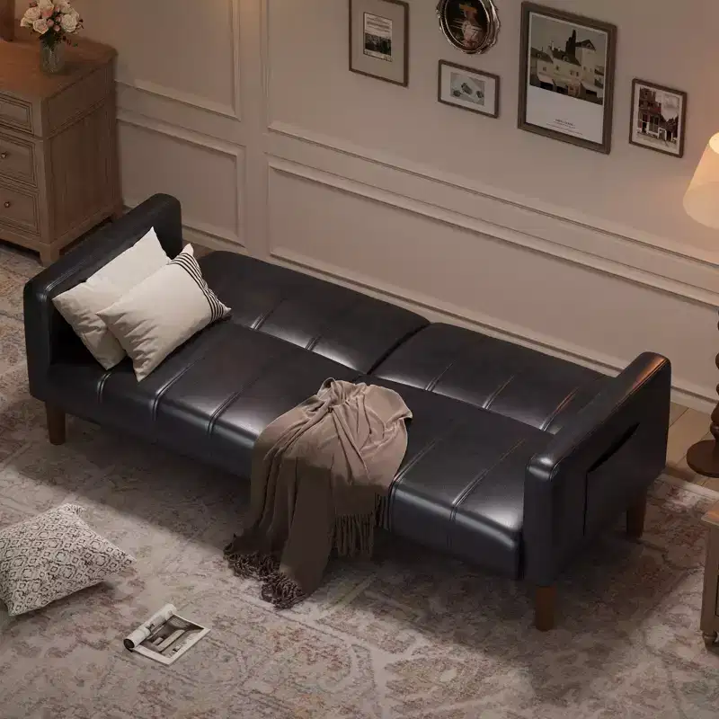 Modern Futon Sofa Bed Folding Futon Set for Living Room, 75 Faux Leather Convertible Couch, Mid-Century Loveseat for Small Space, Bedroom