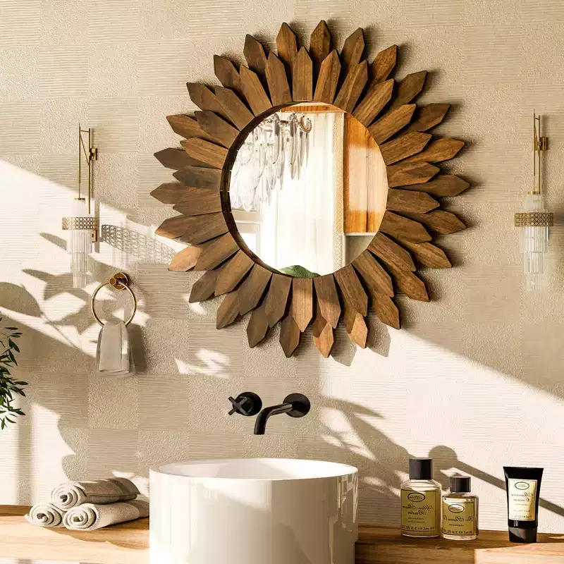 20 Round Sunflower Wall Mirror, Boho Decorative Wood Frame, Vanity or Bathroom Wall Mirror for Living Room, Entryway, Bedroom