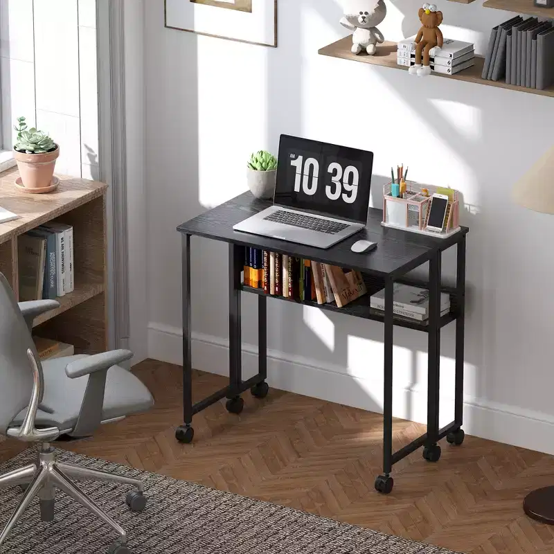 HOMCOM Small Folding Desk, 31.5 Foldable Computer Desk with Storage Bag, Shelf and Wheels for Small Spaces, Home Office, Easy Assembly