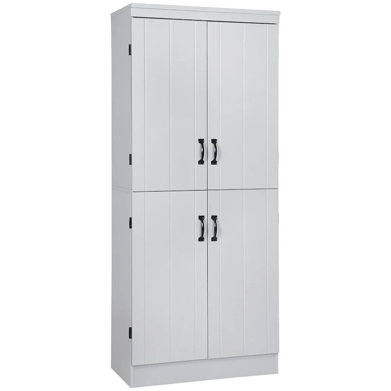 Tall Kitchen Pantry Cabinet with 4 Doors & 6-Tier Shelving – Grey / White, Black Handles, Anti-Tip, 69.5