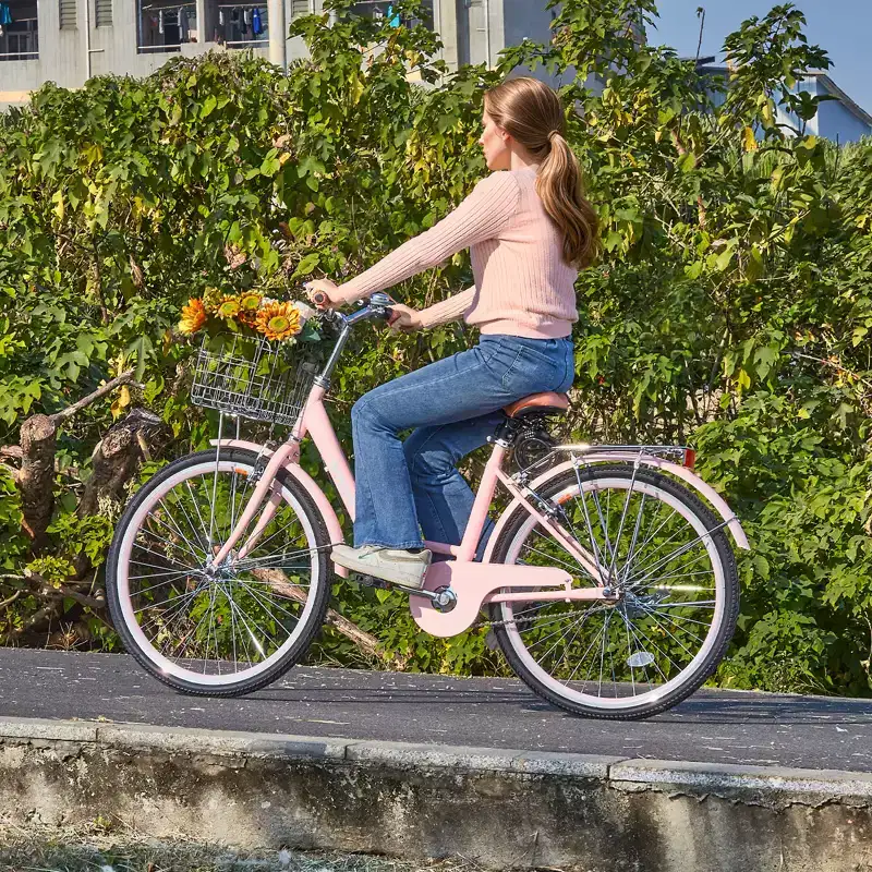 VEVOR Cruiser Bike, 1-Speed, 26-Inch Pink Beach Cruiser Bike with Large Capacity Basket and Rear Rack, Secure & Sturdy Cruiser Bike, Pink