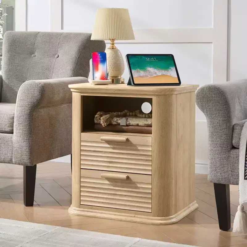 TUYOHW Fluted Nightstand with Charging Station,Modern Bedside Table with 2 Drawers & Open Self,End Table for Living Room,Bedroom,Home Office