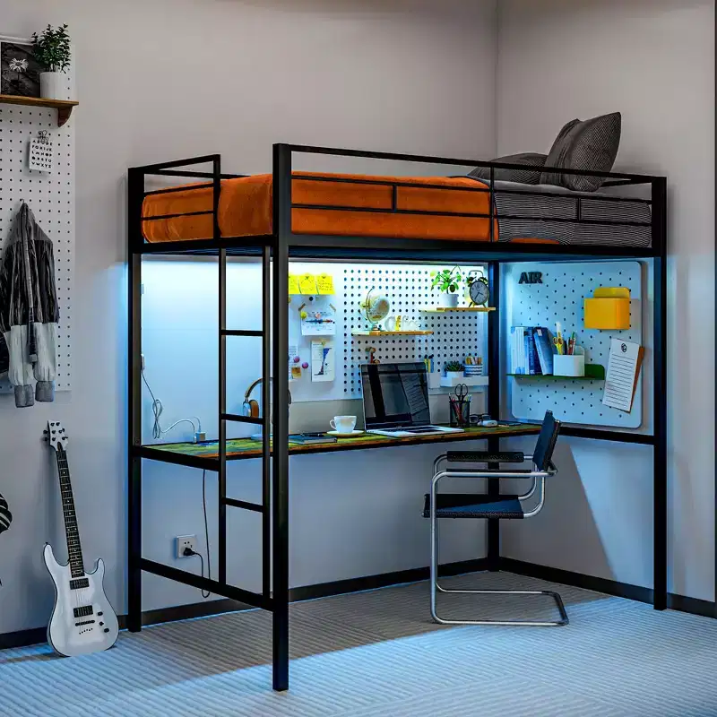 Twin Loft Bed with Desk, LED Lights, Charging Station, Twin Size Metal Loft Bed Frame with Safety Guardrail, Ladder, Noise Free, Black