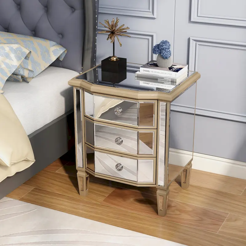 Accent Mirror Glass 3 Drawers Vintage Nightstand End Table