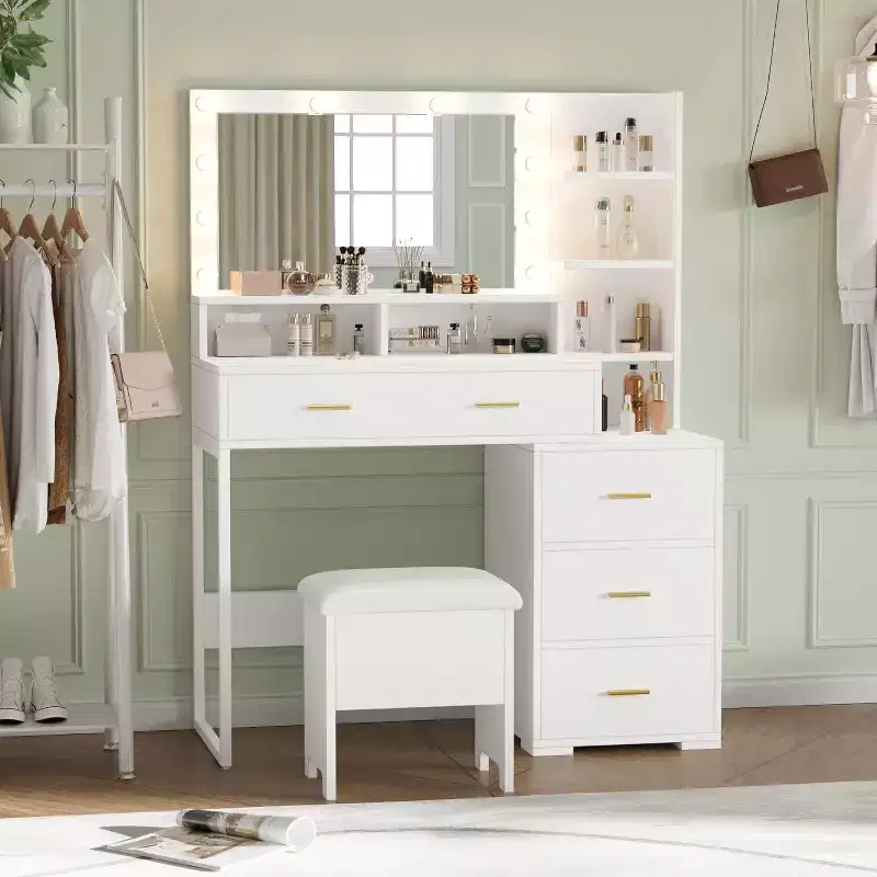 Vanity Desk Table with Chair, Mirror and 3 Modes Adjustable Brightness Lights, Makeup Vanity