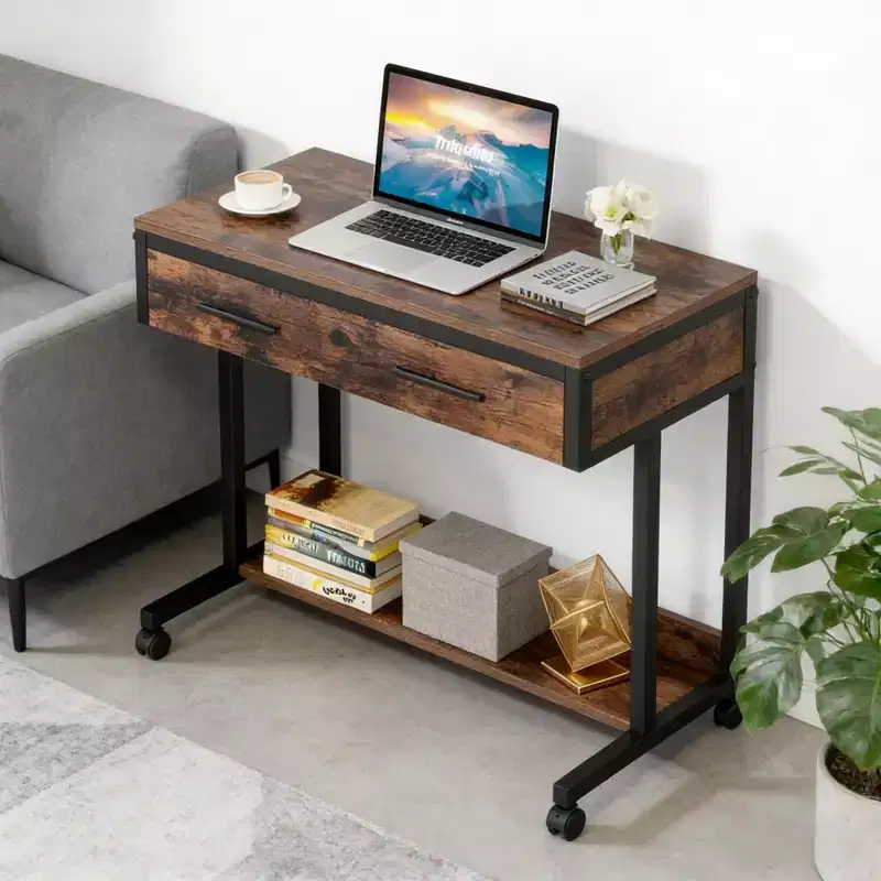 Mobile Office Desk End Table, Height Adjustable Rolling Writing Table with Drawer Shelf, Black and Brown