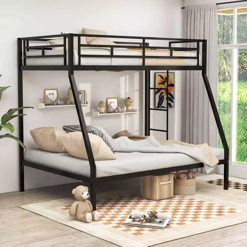 Costway Twin Over Full Metal Bunk Bed with Integrated Ladder Full-length Guardrail Black/White