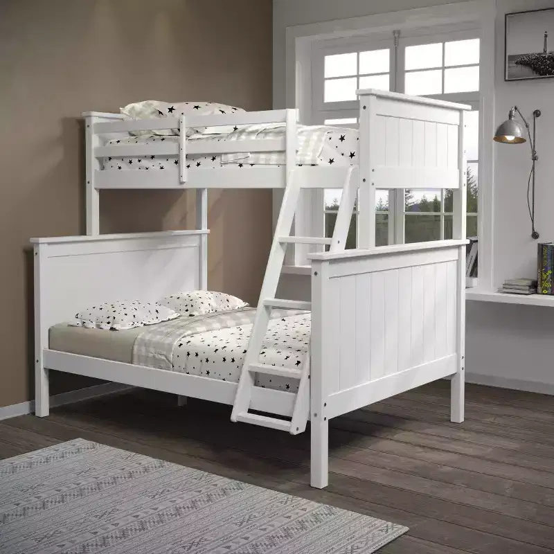 Twin Over Full Deirdra Modern White Solid Wood Built In Ladder Kids' Bunk Bed - Linon: Converts to Two Twin Beds, Guard Rails