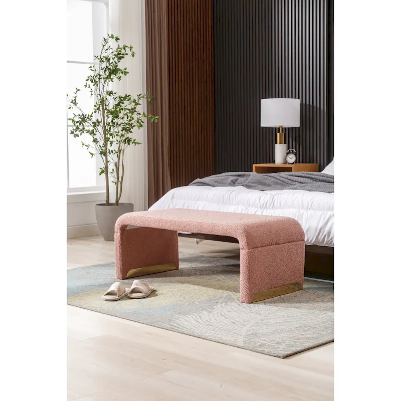 New Boucle Fabric Ottoman Footstool Bedroom Bench Shoe Bench With Gold Metal Legs