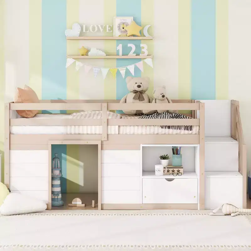 94.56IN Twin Size Kids Loft Bed with Drawers and Shelves, Bunk Bed with Ladder and Safety Guardrail, Bed Frames for Kids Room