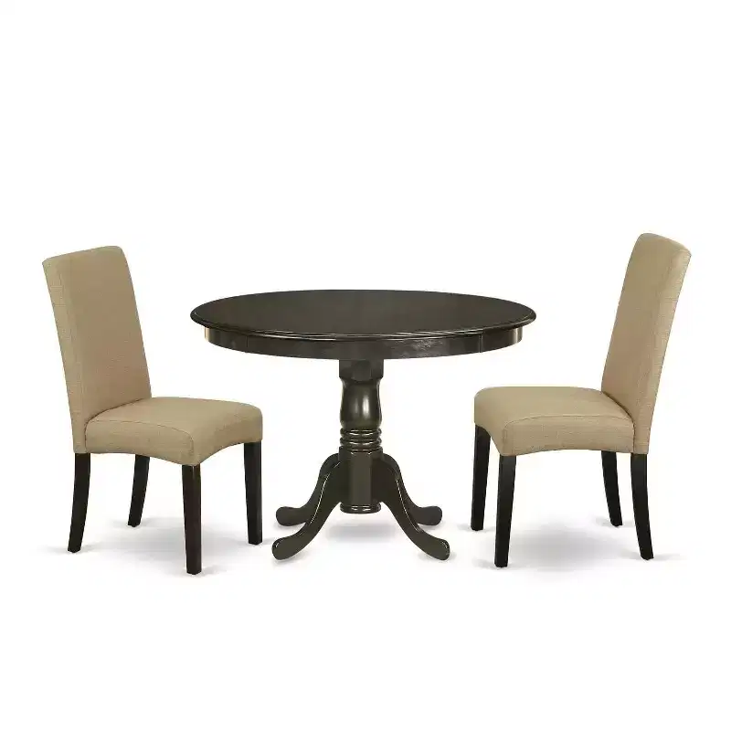 Round Dining Table Set 3pc - 42 Table & 2 Parson Chairs - Cappuccino Finish - Linen Fabric - Home Dining Room