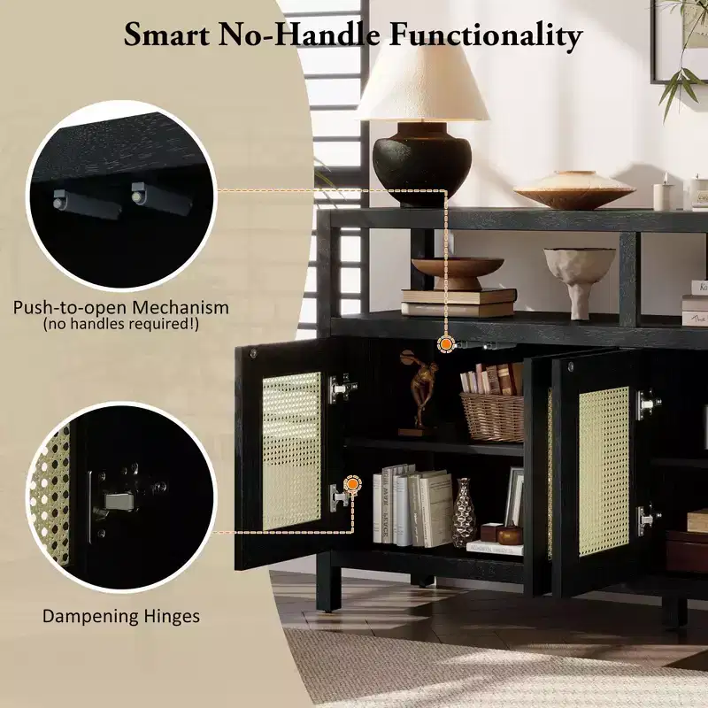 Bohemian Rattan Buffet Cabinet with Wood Frame and Push to Open Design Black