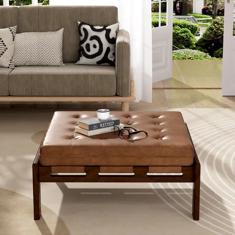 34 Tufted Upholstered Cocktail Ottoman, Square Leather Ottoman Coffee Table with Rubber Wood Frame