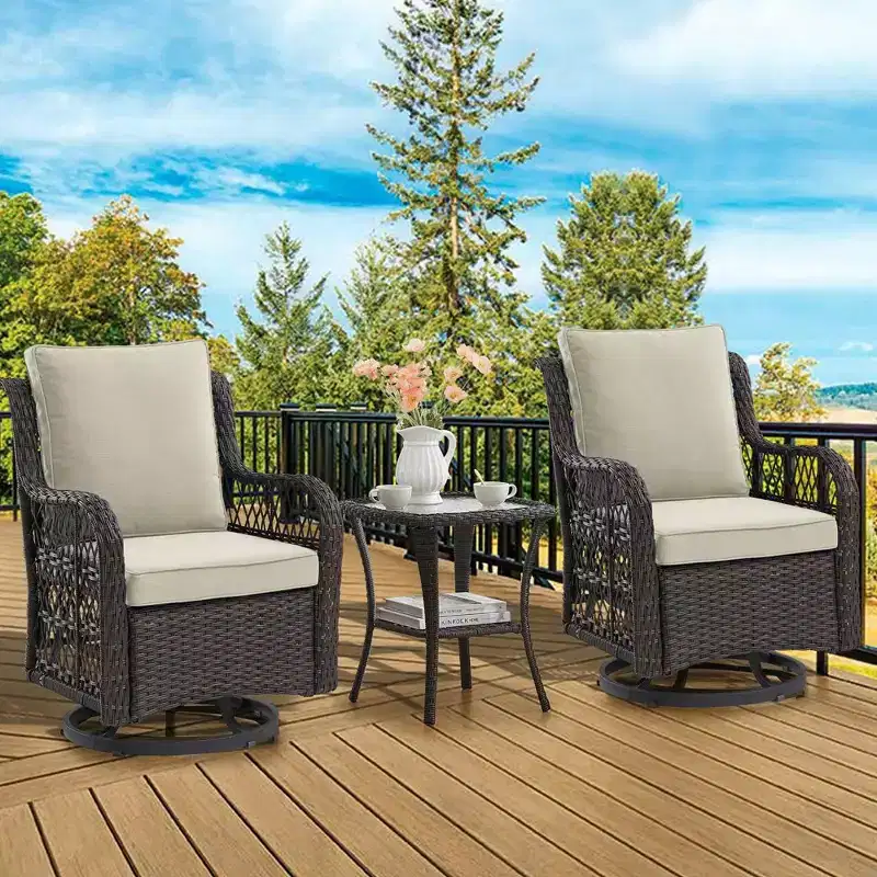 3 Pieces Outdoor Swivel Rocker Chair Set of 2 with Glass Top Table