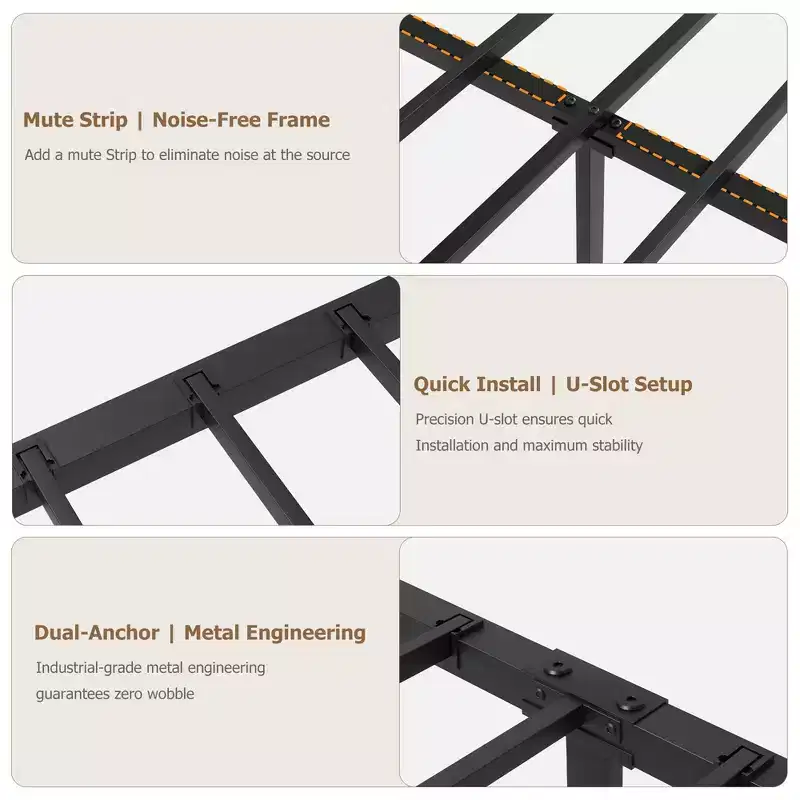 Industrial Metal Bed Frame, Noise-Free Platform with Under-Bed Storage and Circular Wood Design for Bedroom