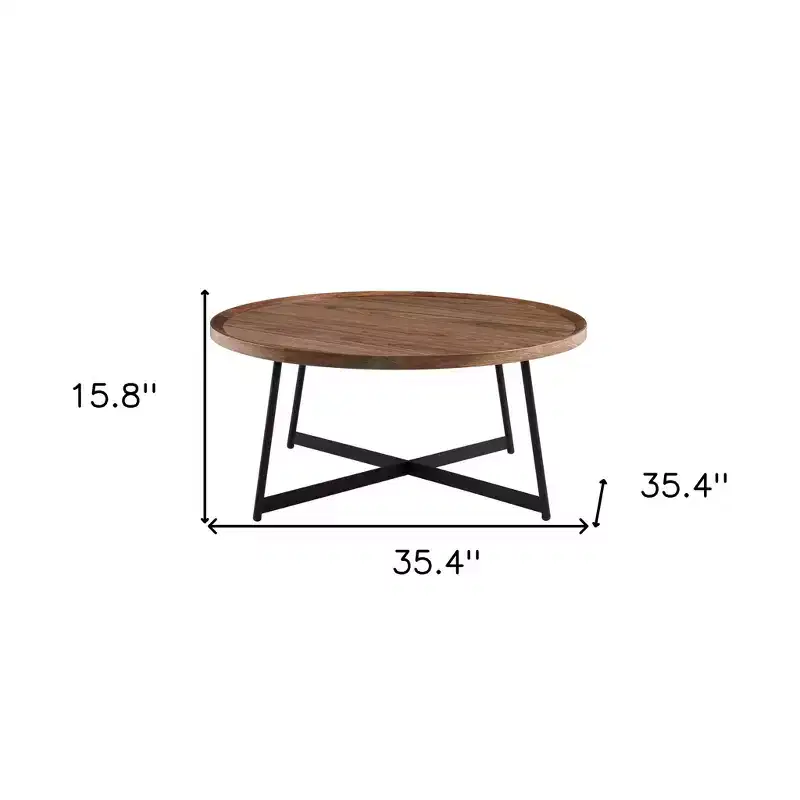 HomeRoots 35 Brown and Black Wood And Metal Round Frame Coffee Table