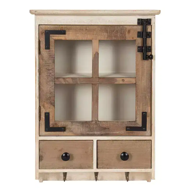 Hutchins Decorative Farmhouse Wood Wall Cabinet Rustic and White - Kate & Laurel All Things Decor: Glass Door, Vintage Lock, No Assembly Required