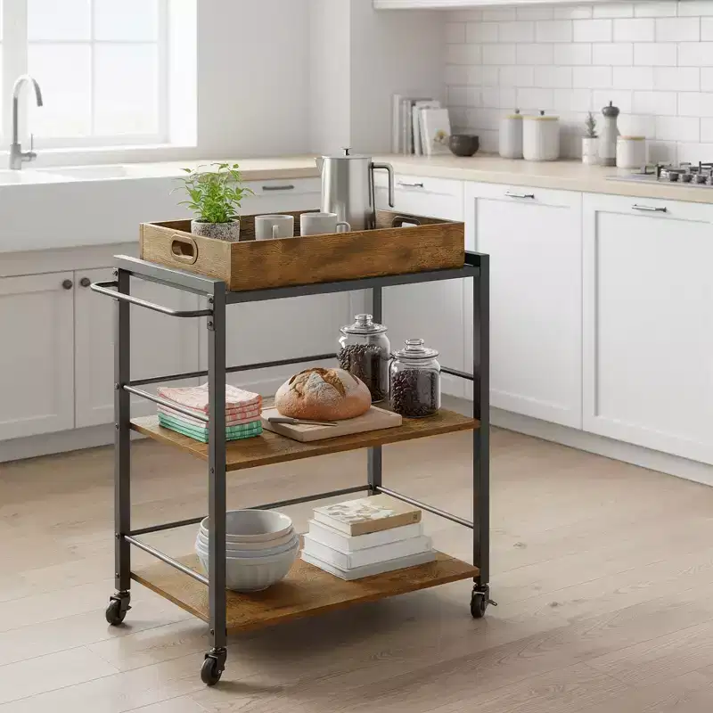 3-Tier Bar Cart, Serving Cart With Wheels And Handle, Beverage Cart. Kitchen Serving Cart with Removable Tray