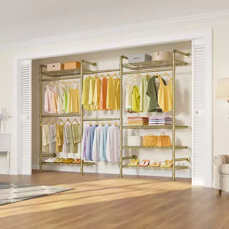 Timate F3 Garment Rack Heavy Duty Clothes Rack Expandable Industrial Pipe Wall Mounted Clothing Racks Wardrobe Closet Kit , Gold