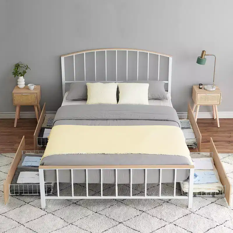 Modern Metal Platform Bed Frame with 4 Storage Drawers, No Noise, No Box Spring Needed