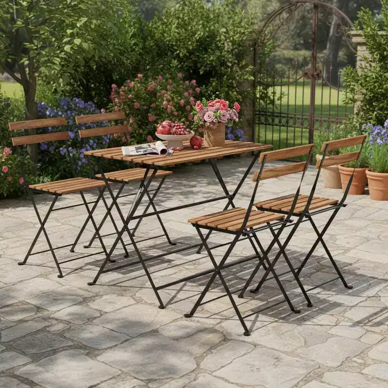 Gymax 5-Piece Patio Dining Set Acacia Wood w/ Foldable Chairs Featuring Slatted Seats & Tabletop Sturdy Metal Frames for Outdoor and Indoor