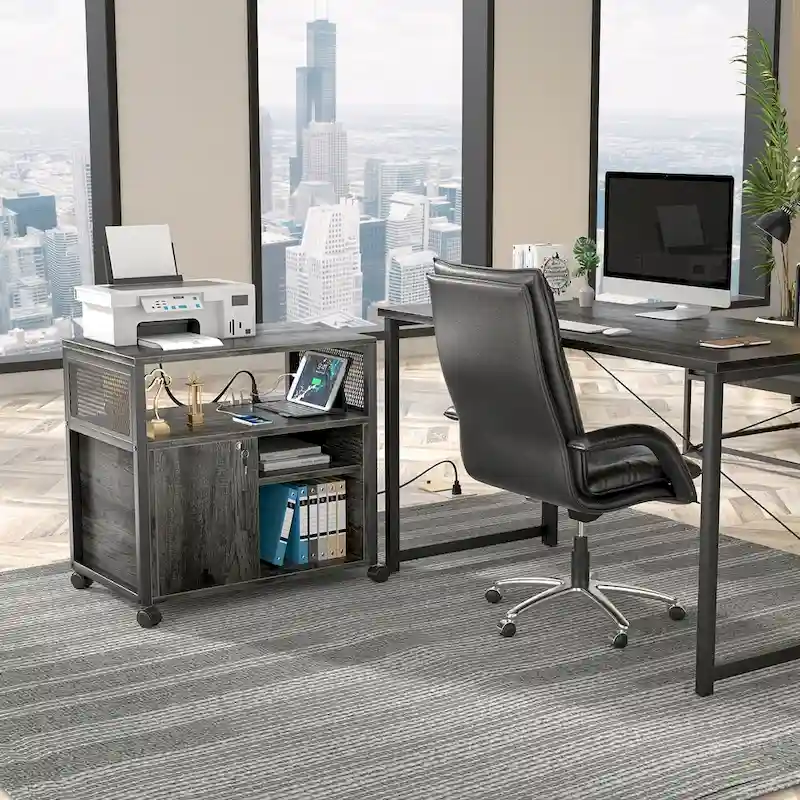 Rolling File Cabinet Lateral Office Filing Cabinets with Charging Station,Modern Printer Stand on Wheels