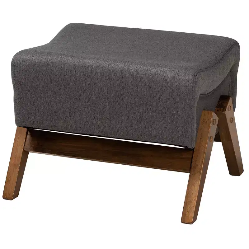 Mid-Century Modern Fabric Wood Ottoman – Bent Seat, Angled Legs, Foam Padded