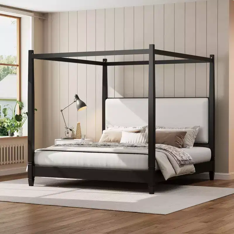 GDFStudio Reyes Canopy Platform Bed with Upholstery Headboard and Wooden Slat Support Legs
