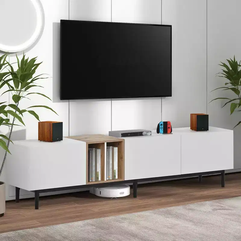 JVNOXK 77inch Modern TV Stand, suitable for 80-inch TVs, featuring 3 cabinet doors, media console desk with ample storage, ideal for living rooms