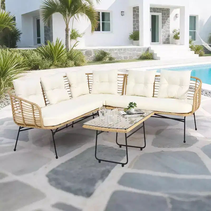 Outdoor Wicker Sofa Conversation Set - 4-Piece L-Shaped Sectional w/ Detachable Lounger & Glass Table, 500lb Capacity