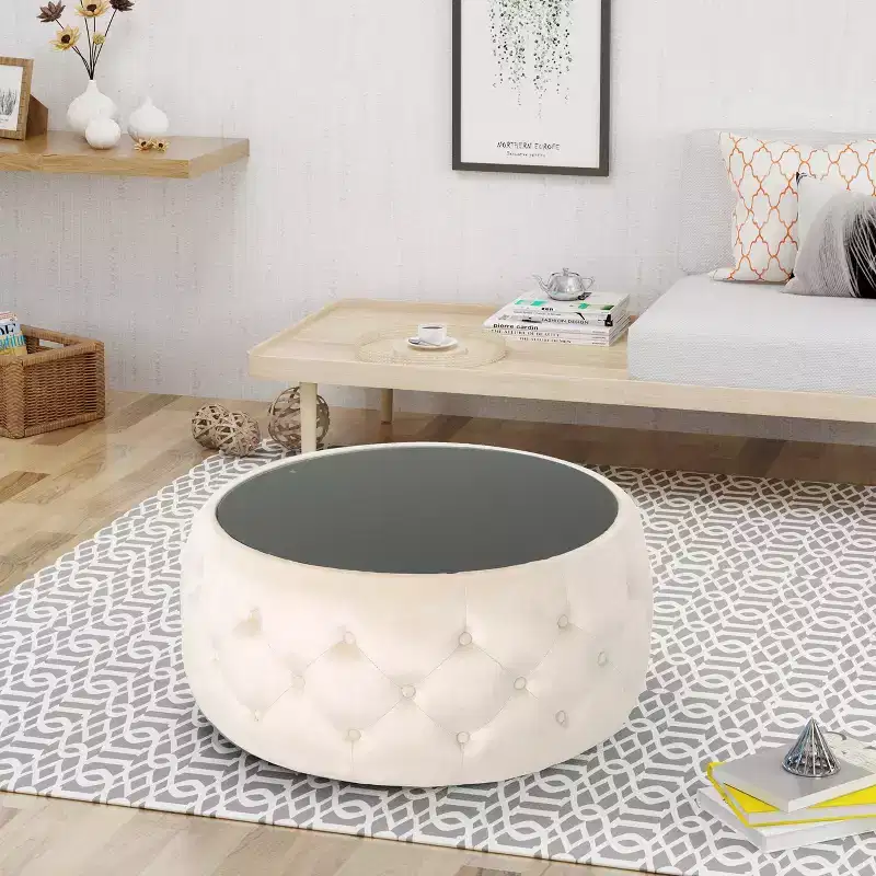 GDFStudio Ivy Glam Velvet Tufted Coffee Table Ottoman with Tempered Glass