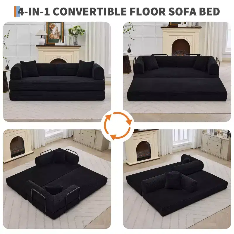 Convertible Sleeper Sofa Bed 79 Inch, 4-in-1 Boneless Corduroy Folding Sofa Bed with Pillow and Fixed Shape, Floor Mattress Couch Loveseatblack