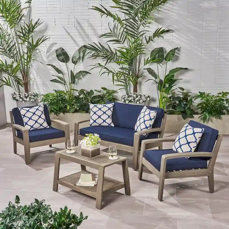 Grenada 4-Piece Outdoor Wood Chat Set with Cushions by Christopher Knight Home