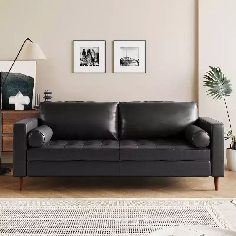 Whisen PU Leather 3-Seat Sofa, Mid-Century Modern Sofa Couch with Tufted Design, Solid Wood Legs, 2 Bolster Pillows