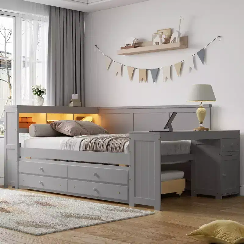 Whisen Full Size Daybed & Platform Bed with Storage Shelves, Drawers, Trundle, Desk and Cabinet
