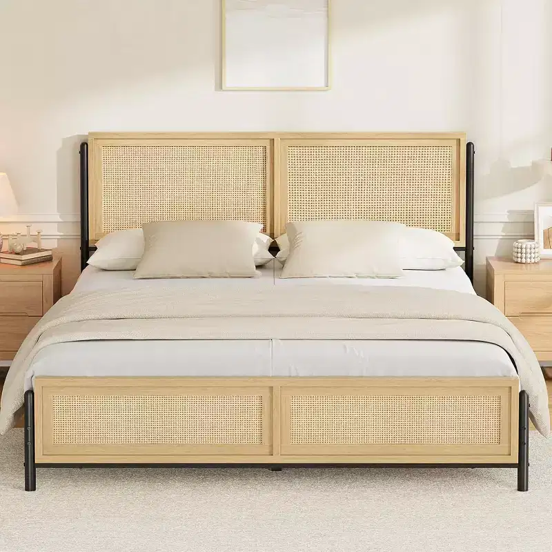 Boho Full Size Rattan Bed Frame with Storage – 800 lb Capacity, Natural Wood Tone
