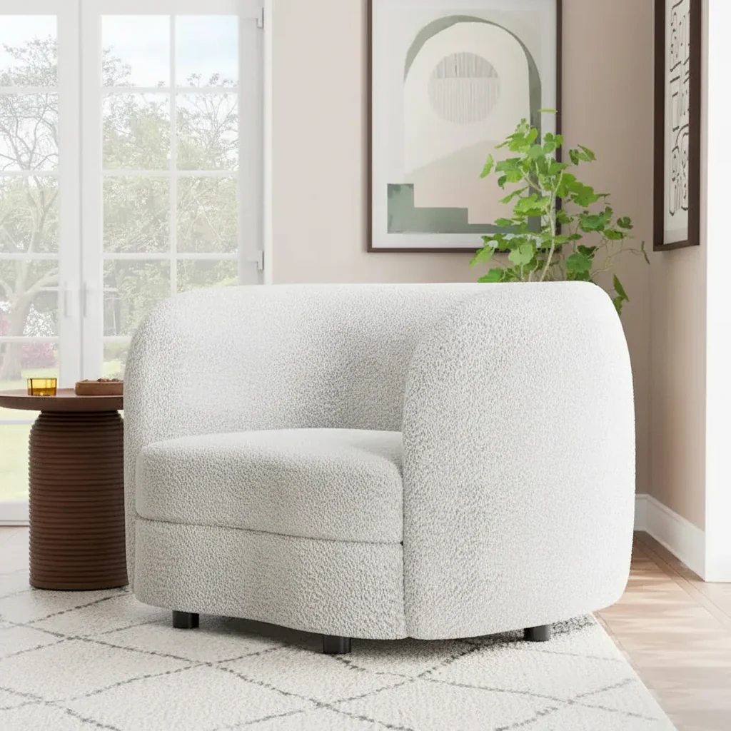 Modern Curved Arms Boucle Accent Chair with Kidney Style Seat and Round Wooden Legs