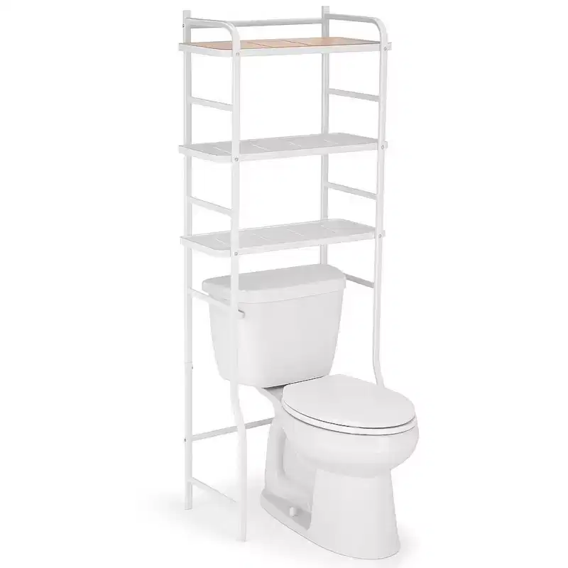 Over-the-Toilet 3-Tier Storage Organizer with Bamboo Accent and Steel Frame, Freestanding Bathroom Shelf, White