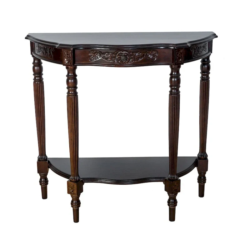 Half Crescent Moon Shape Engraved Birch Wood Console Table with Drawer – Brown, 1-Unit