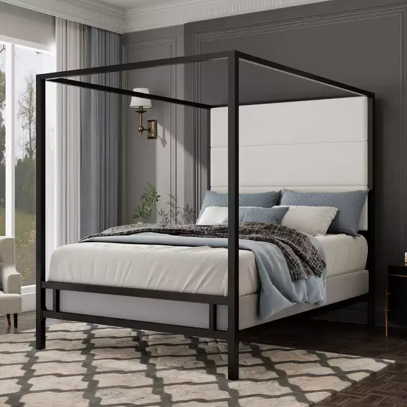 Queen/King Size Canopy Bed Metal 4-Poster Bed Frame with Tall Linen Fabric Upholstered Headboard, Box Spring Needed, Gold+Tan/Black+White-ModernLuxe