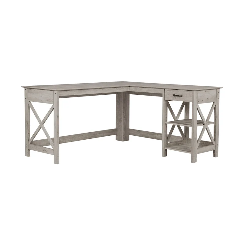 Saint Birch Honduras Washed Gray L-Shape Desk with 1 Drawer and 1 Open Shelf