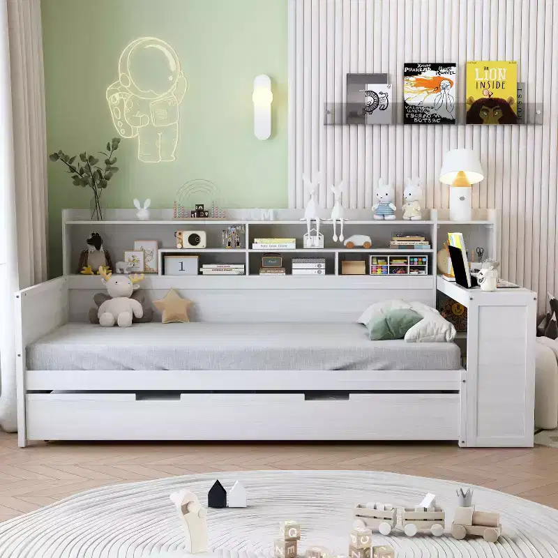 MAYEERTY Twin Size Bed with Storage Shelves Multifunctional Bed with Trundle Bed Study Desk for Bedroom Antique White