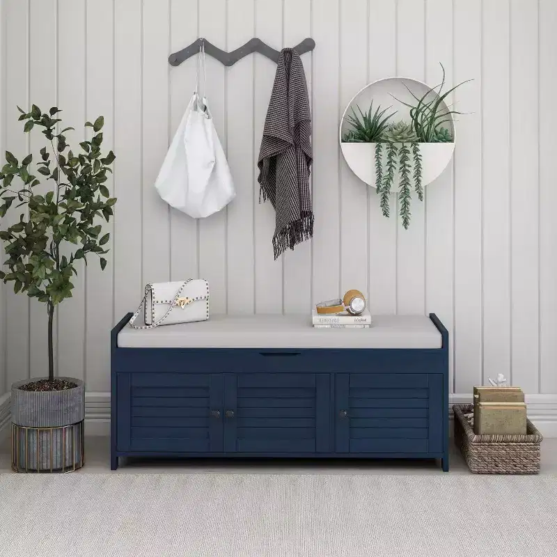 Wash Shoe Storage Bench with Removable Cushion, 3 Shutter Doors, Sturdy Wood Legs, Hidden Top Storage for Entryway & Bedroom