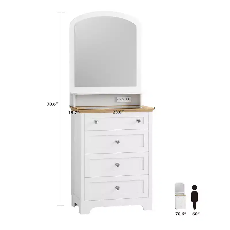 White Drawer Dresser with Mirror and LED Strip, 4 Drawer Cabinet with Crystal Knobs, Modern Makeup Vanity Table for Small Space