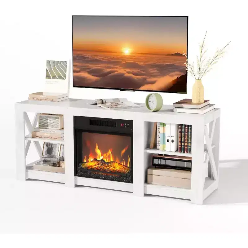 VINGLI Fireplace TV Stand for up to 70 inch TVs, Farmhouse Entertainment Center with Electric Fireplace Heater & Adjustable Shelves