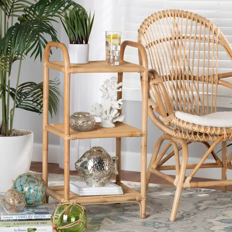 Barras Bohemian Natural Brown Finished Rattan 3-Tier Display Shelf