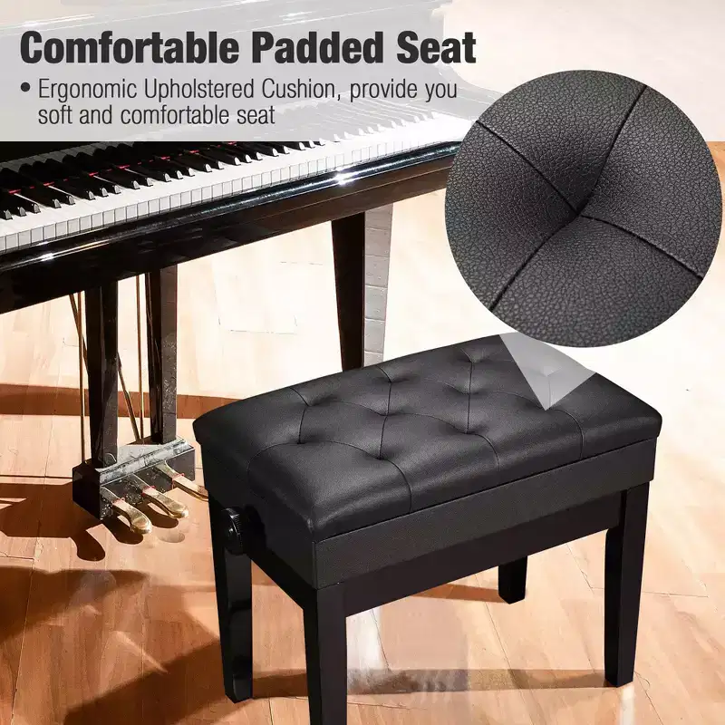 Adjustable Height Piano Bench with PU Leather Padded Seat & Storage, Black