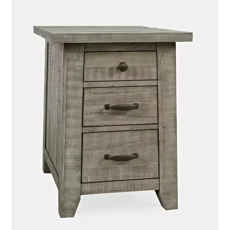 Rustic Farmhouse Solid Pine USB Charging Chairside End Table – 3 Drawers, Gray
