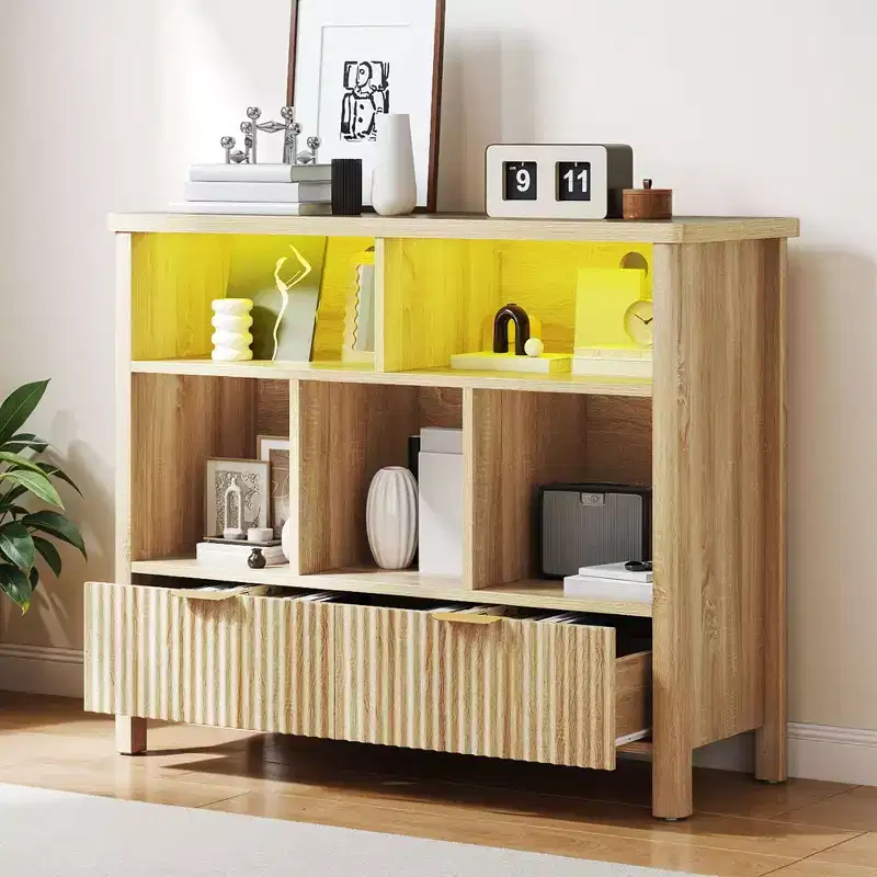 5 Cube Bookcase with LED Light Modern 3 Tier Bookshelf with Drawers for Home Office