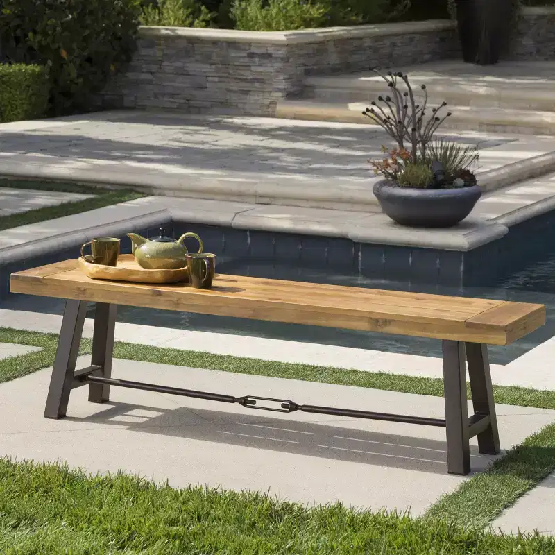 Christopher Knight Home Catriona Outdoor 63 Acacia Wood and Iron Bench with Slatted Top